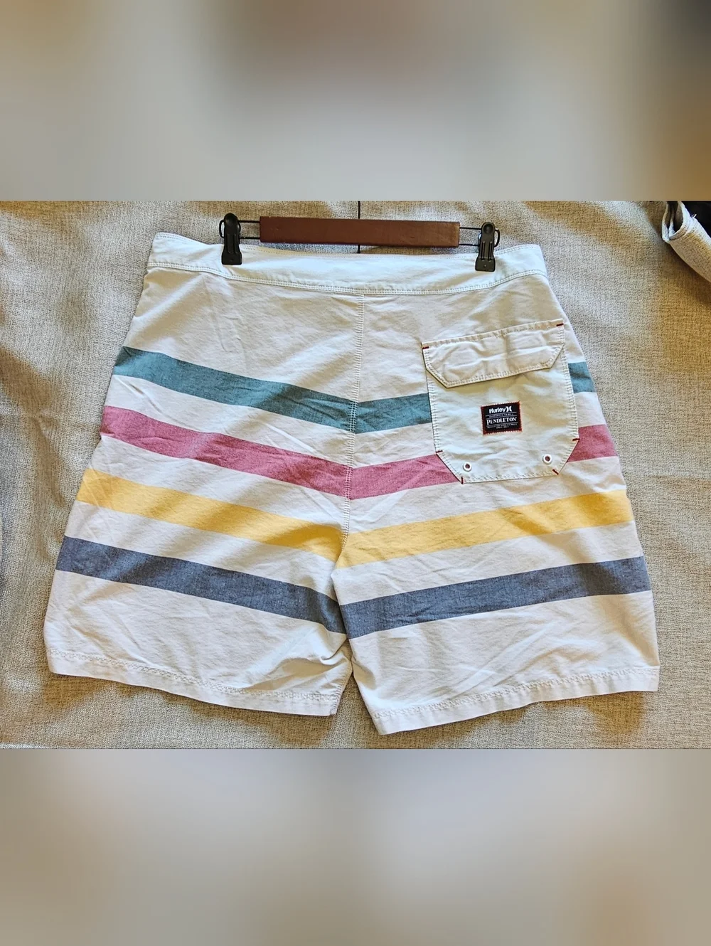 Pendleton/Hurley White Boardshorts with Teal, Pink, Yellow & Gray Stripes
